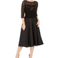 Vestido de festa feminino Jessica Howard com lantejoulas, manga 3/4, decote ilusão, abaixo do joelho, ajuste flare, preto, tamanho 6 pequeno