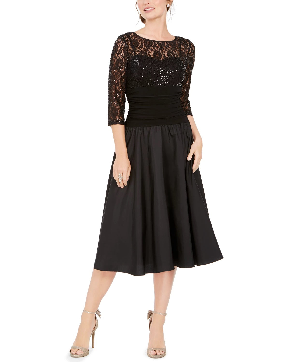 Vestido de festa feminino Jessica Howard com lantejoulas, manga 3/4, decote ilusão, abaixo do joelho, ajuste flare, preto, tamanho 6 pequeno