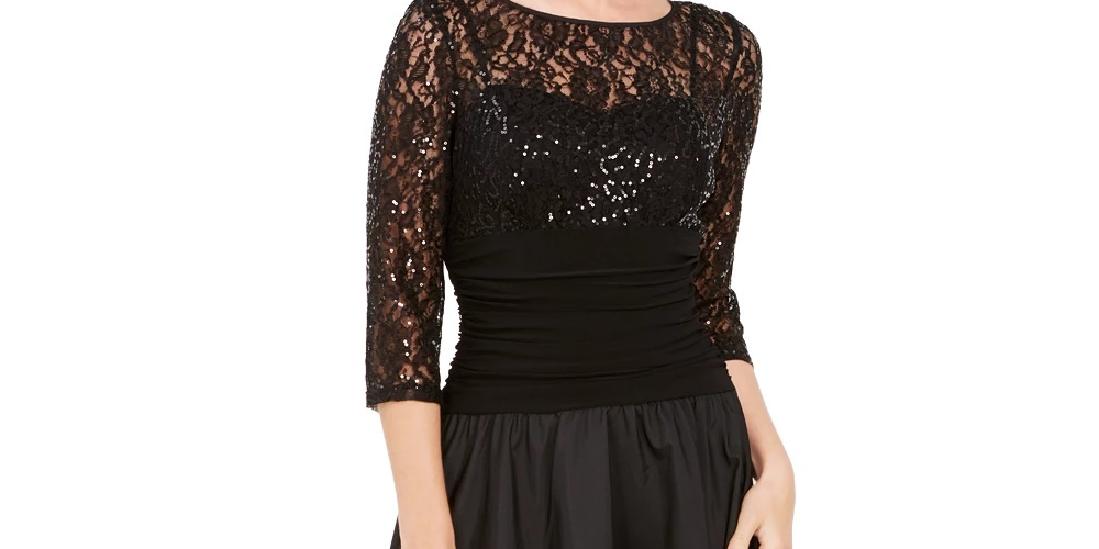 Vestido de festa feminino Jessica Howard com lantejoulas, manga 3/4, decote ilusão, abaixo do joelho, ajuste flare, preto, tamanho 6 pequeno