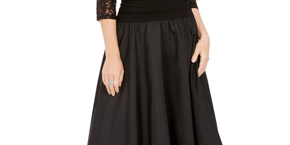 Vestido de festa feminino Jessica Howard com lantejoulas, manga 3/4, decote ilusão, abaixo do joelho, ajuste flare, preto, tamanho 6 pequeno