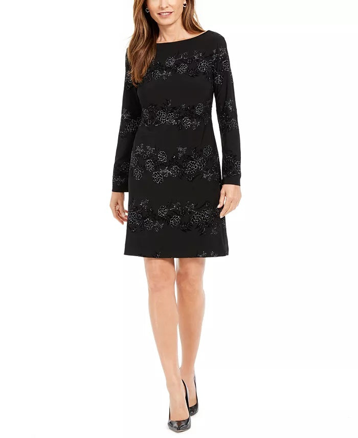 Vestido de veludo flocado metálico feminino Jessica Howard, preto, tamanho 4, pequeno