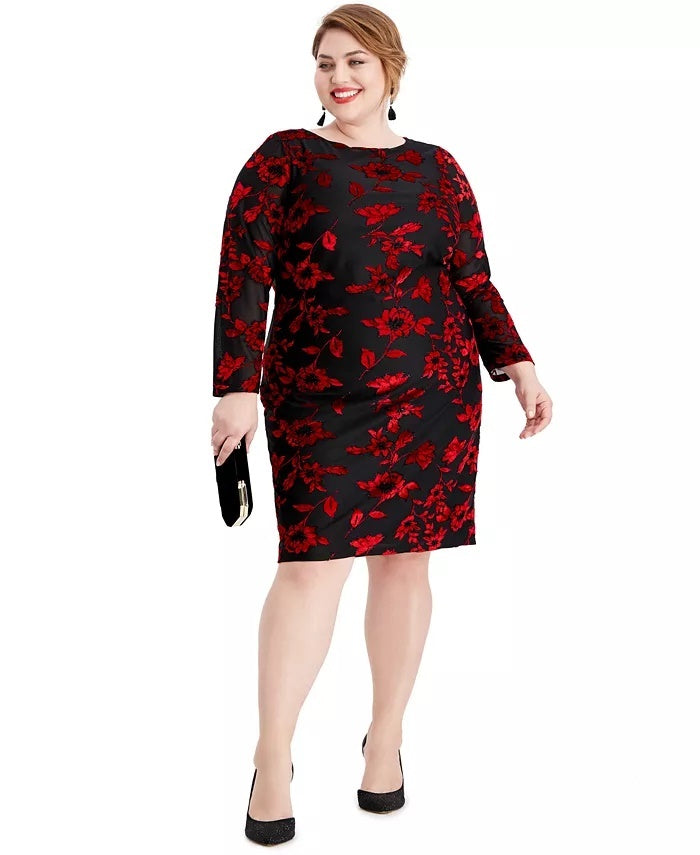 Vestido de festa feminino Jessica Howard com bordado floral, manga comprida, gola redonda, comprimento até o joelho, preto, tamanho 18W