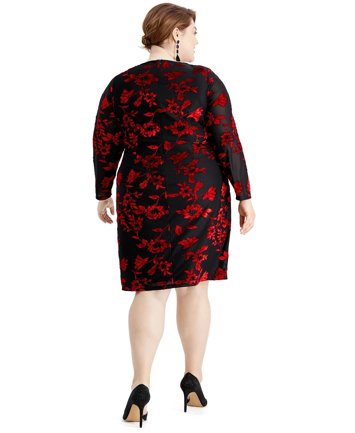 Vestido de festa feminino Jessica Howard com bordado floral, manga comprida, gola redonda, comprimento até o joelho, preto, tamanho 18W