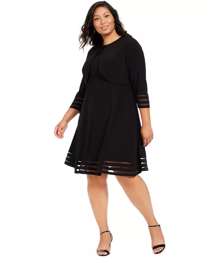 Vestido com acabamento ilusionista e bolero feminino Jessica Howard, preto, tamanho 20W
