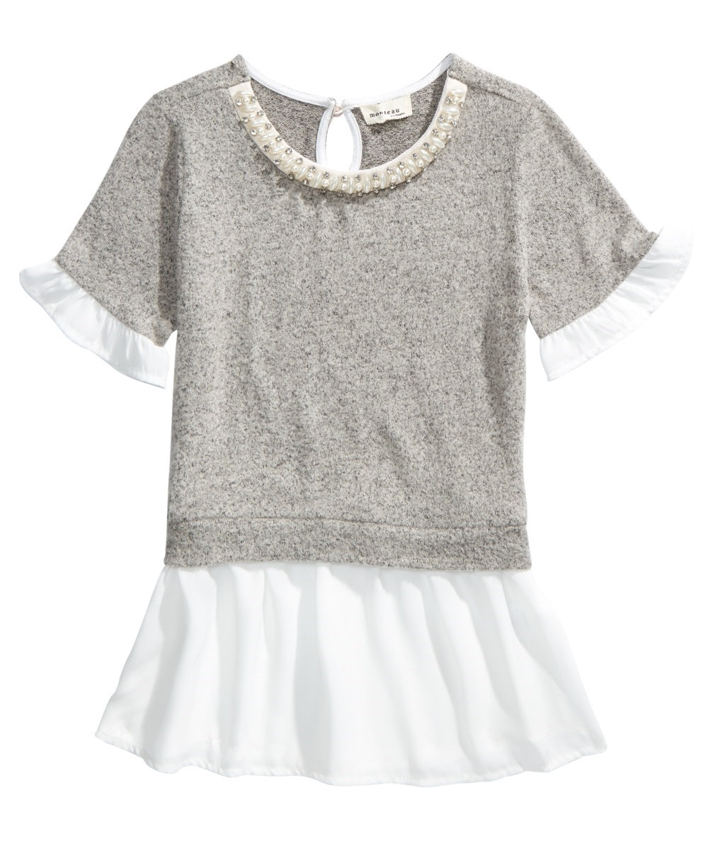 Top em camadas Monteau Big Girl's Embellished Layered Look Cinza Tamanho X-Grande