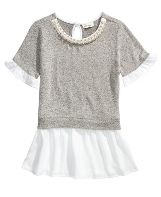 Top em camadas Monteau Big Girl's Embellished Layered Look Cinza Tamanho X-Grande