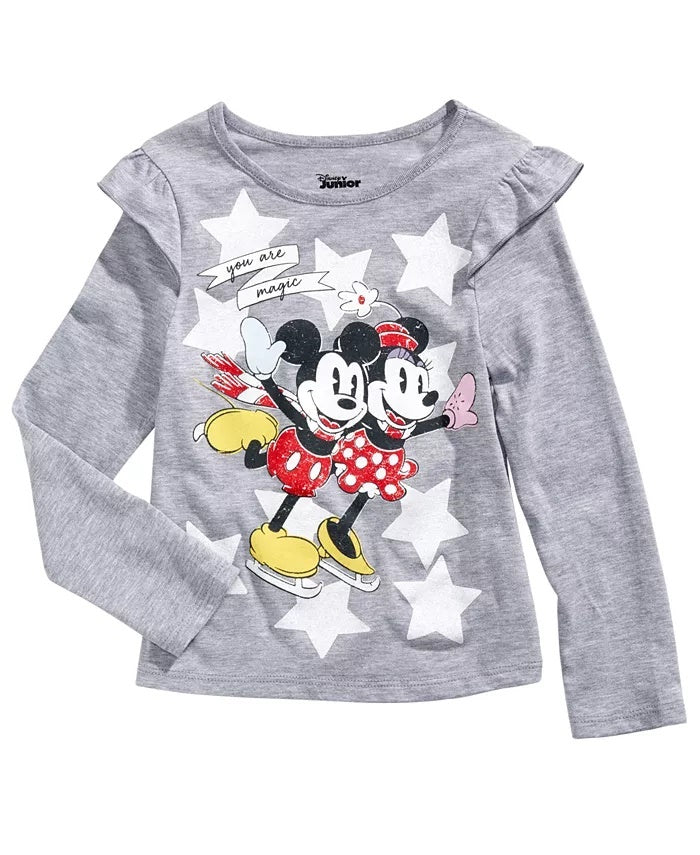 Camiseta infantil infantil Mickey e Minnie patinando para meninas, tamanho 2T, cinza
