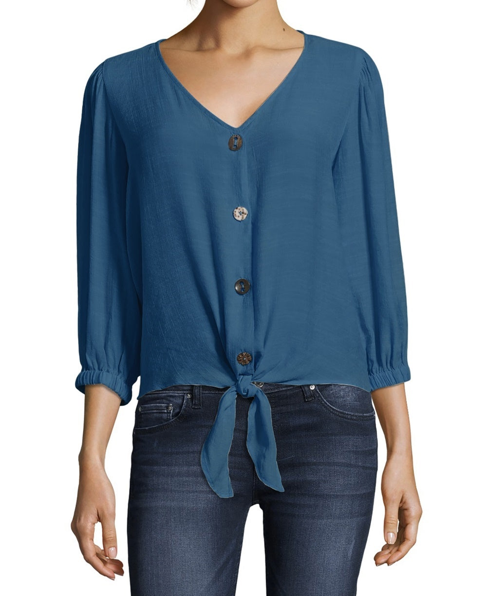 Blusa feminina John Paul Richard Tie com botões frontais, azul, tamanho grande