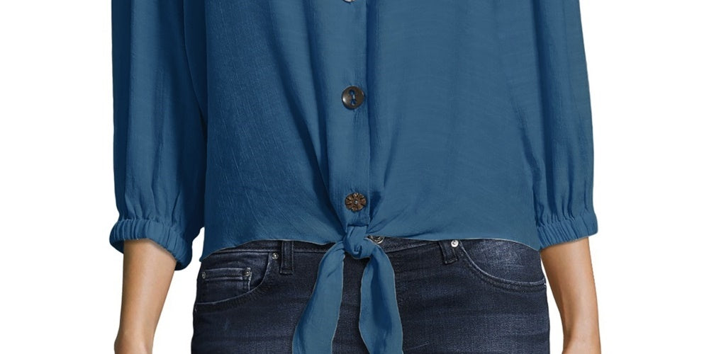 Blusa feminina John Paul Richard Tie com botões frontais, azul, tamanho grande