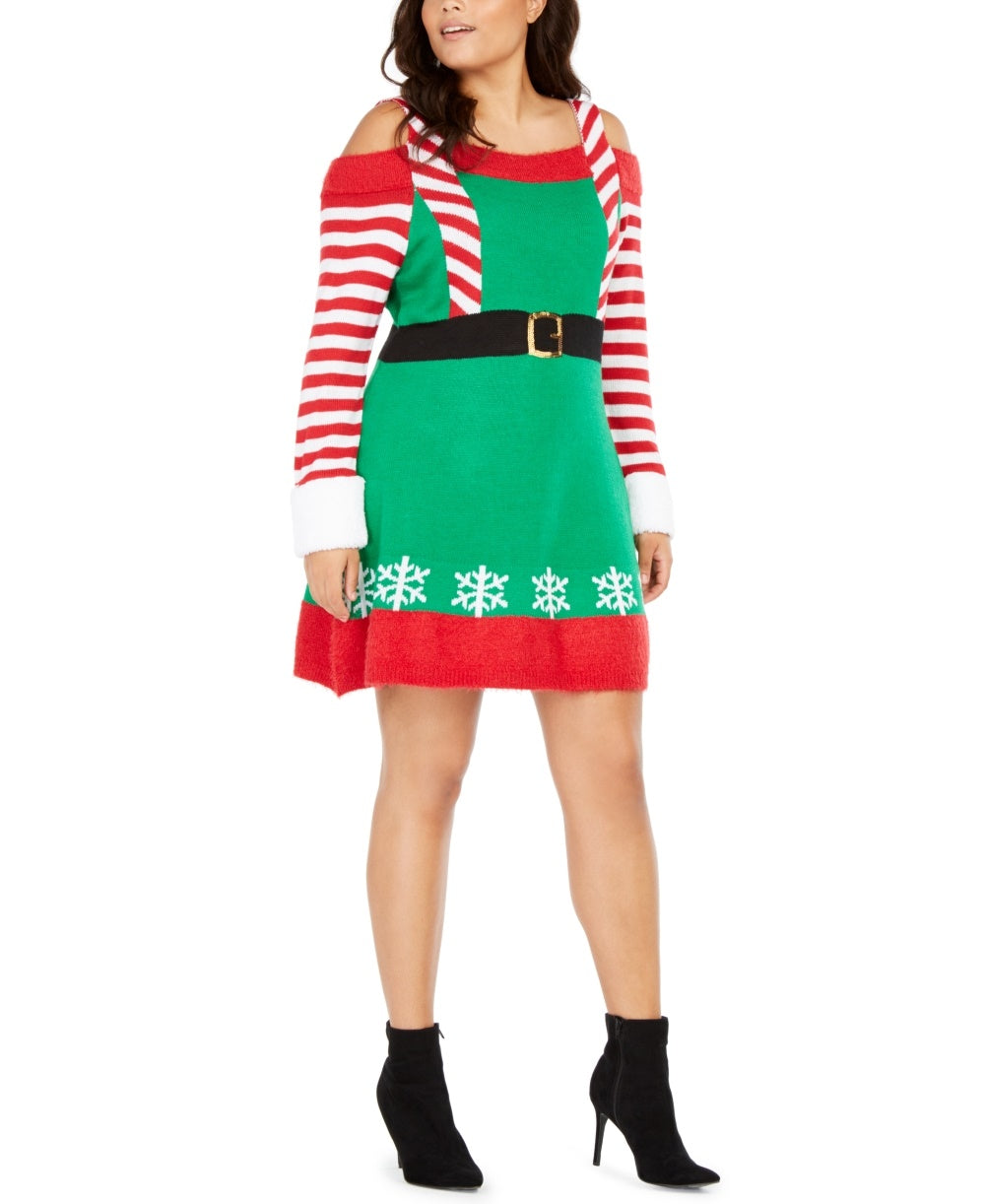 Vestido feminino Planet Gold Derek Heart Trendy Plus Size com ombros descobertos e elfo, verde, tamanho 3X