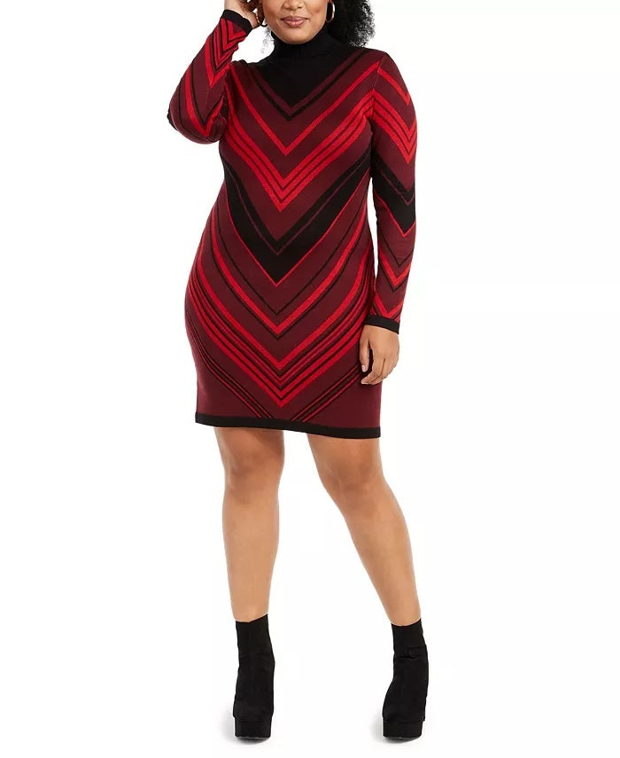 Vestido feminino Planet Gold Chevron manga comprida gola alta acima do joelho vermelho tamanho 3X