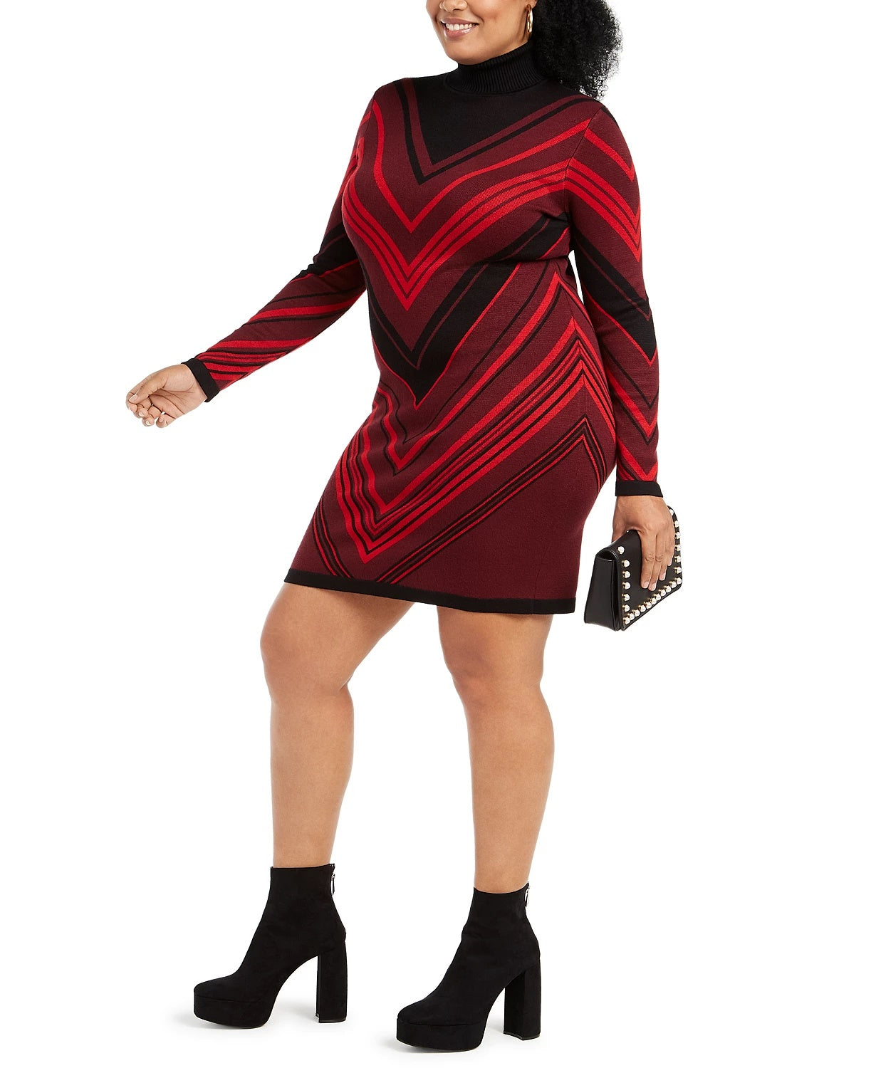 Vestido feminino Planet Gold Chevron manga comprida gola alta acima do joelho vermelho tamanho 3X