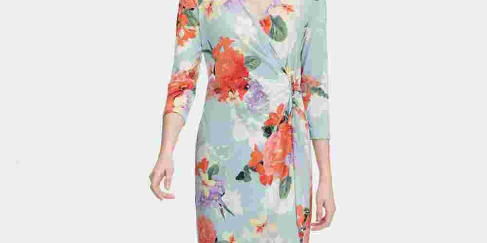 Vestido envelope falso com estampa floral Calvin Klein feminino, azul, tamanho extragrande