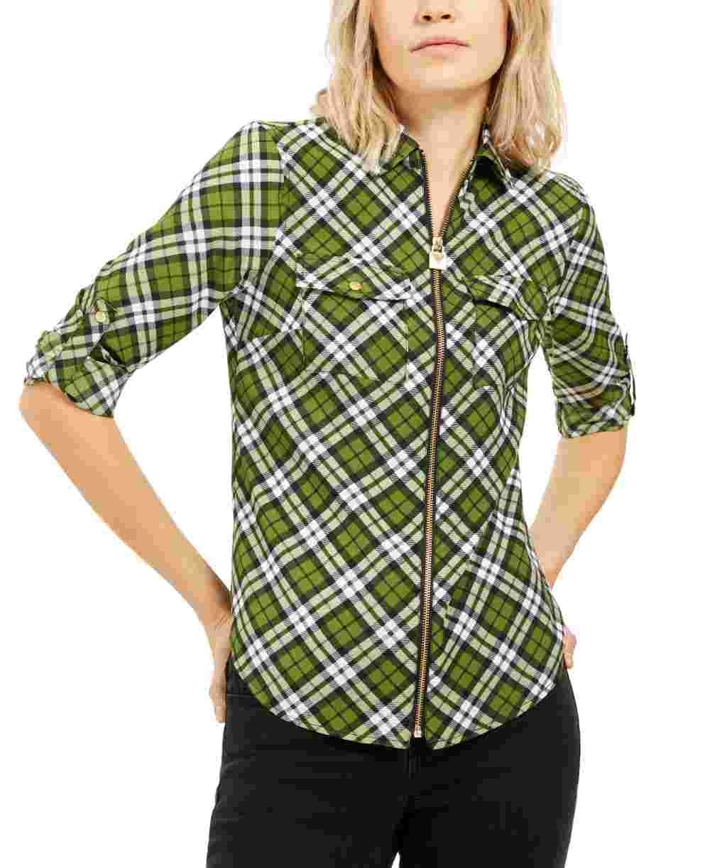 Blusa feminina Michael Kors xadrez com zíper e manga comprida, verde, tamanho médio