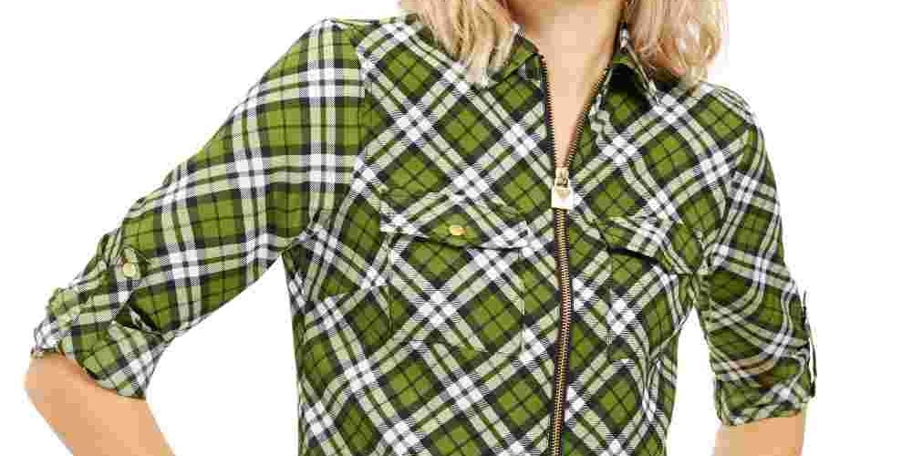 Blusa feminina Michael Kors xadrez com zíper e manga comprida, verde, tamanho médio