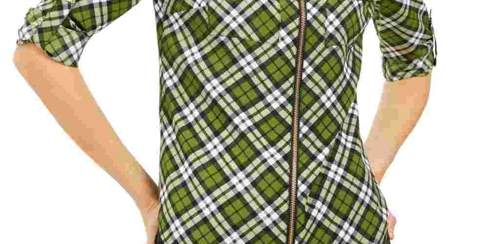 Blusa feminina Michael Kors xadrez com zíper e manga comprida, verde, tamanho médio