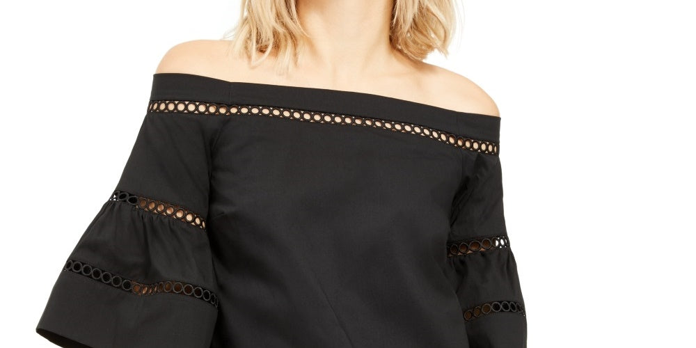 Top de crochê feminino Michael Kors com acabamento em ilhós, preto, tamanho extragrande