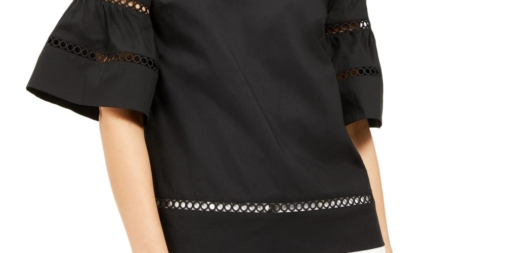 Top de crochê feminino Michael Kors com acabamento em ilhós, preto, tamanho extragrande