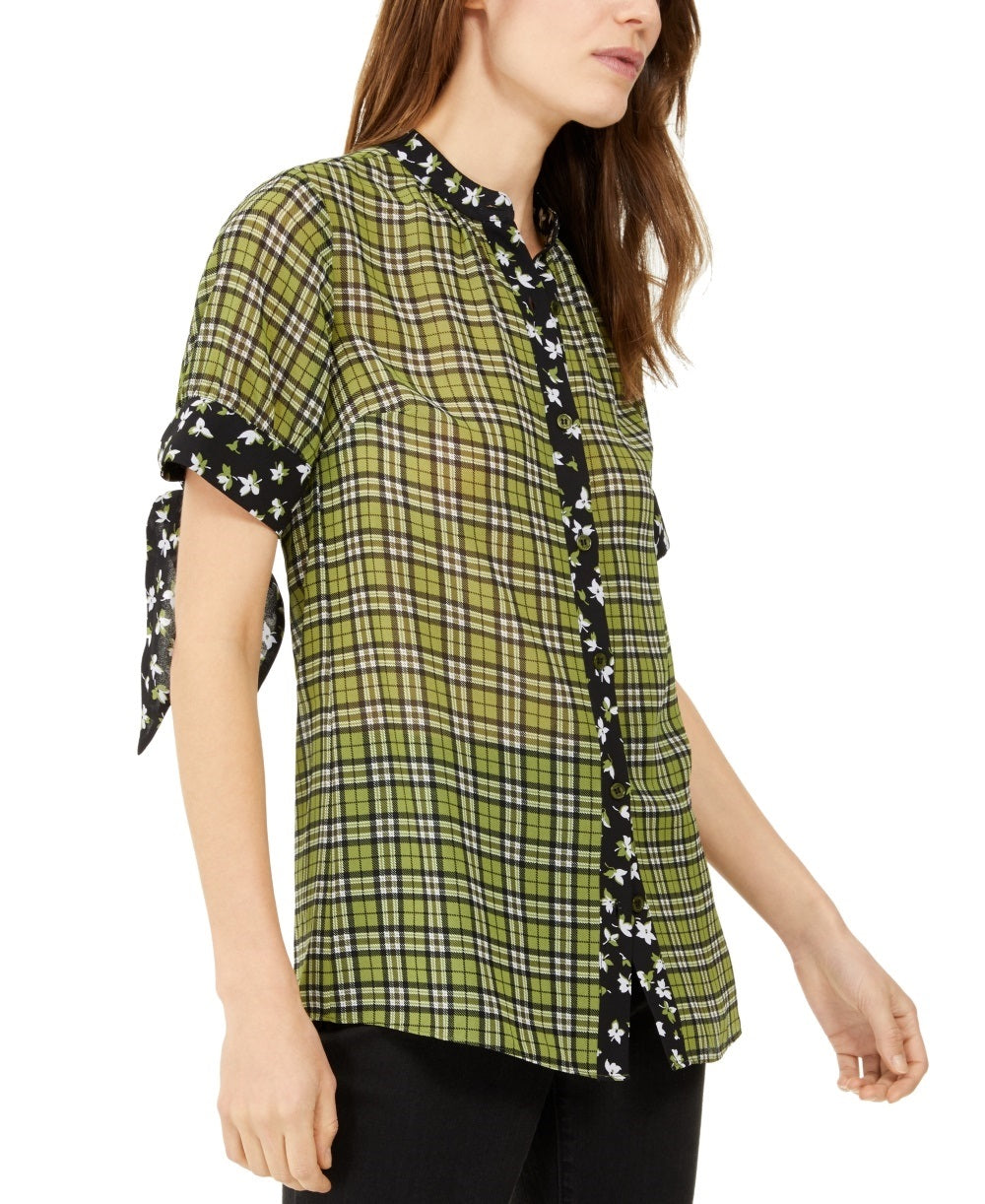 Blusa casual feminina Michael Kors xadrez com decote em joia e manga comprida, verde, tamanho extragrande