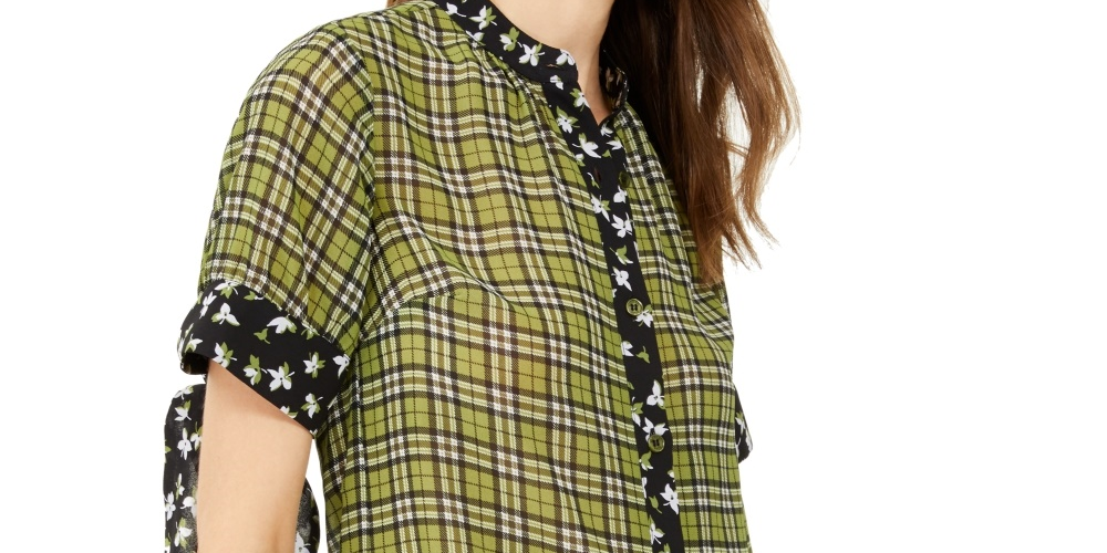 Blusa casual feminina Michael Kors xadrez com decote em joia e manga comprida, verde, tamanho extragrande