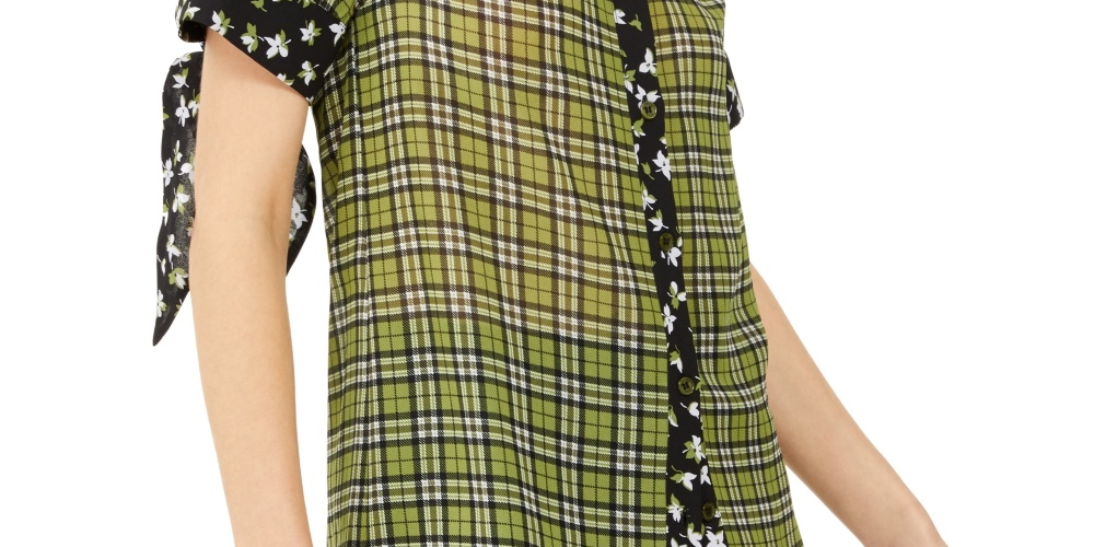 Blusa casual feminina Michael Kors xadrez com decote em joia e manga comprida, verde, tamanho extragrande