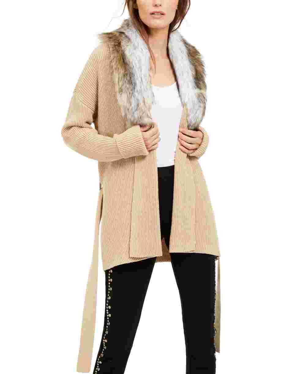 Michael Kors Cardigan Feminino Bege Pele Sintética Gravata Sólida Manga Longa Aberta Camiseta Suéter Bege Cáqui Tamanho X-G