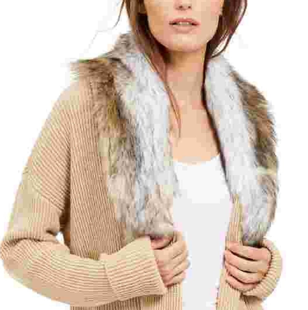 Michael Kors Cardigan Feminino Bege Pele Sintética Gravata Sólida Manga Longa Aberta Camiseta Suéter Bege Cáqui Tamanho X-G