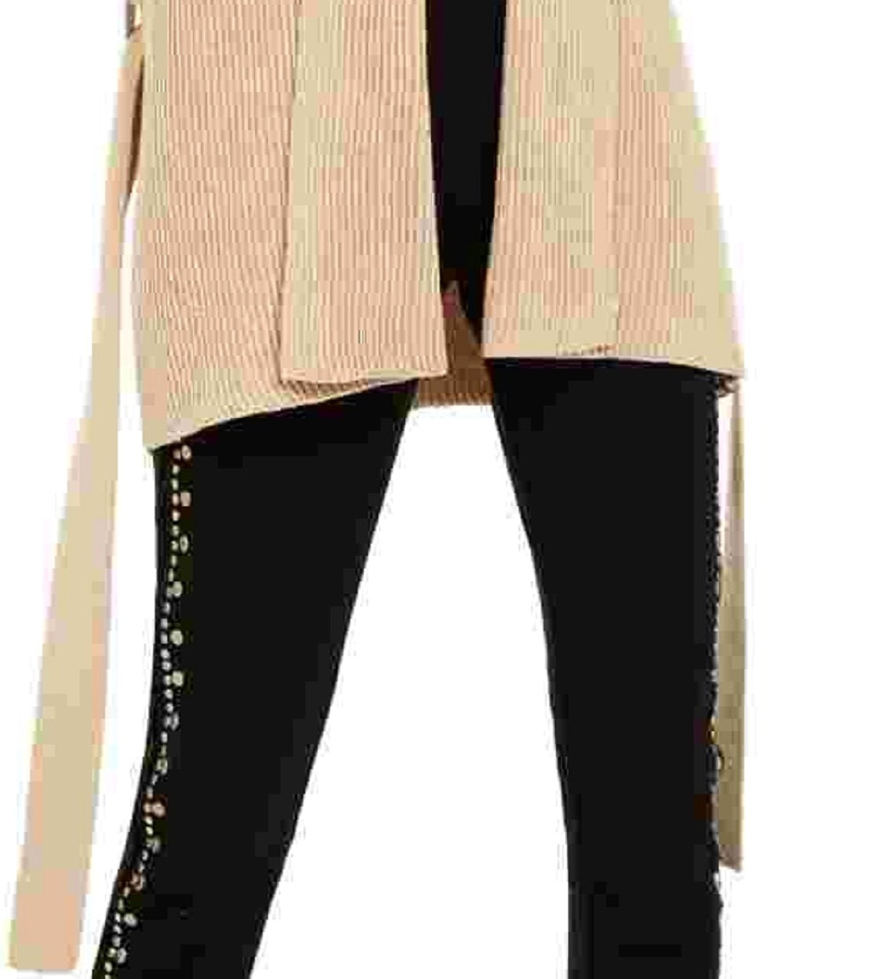 Michael Kors Cardigan Feminino Bege Pele Sintética Gravata Sólida Manga Longa Aberta Camiseta Suéter Bege Cáqui Tamanho X-G