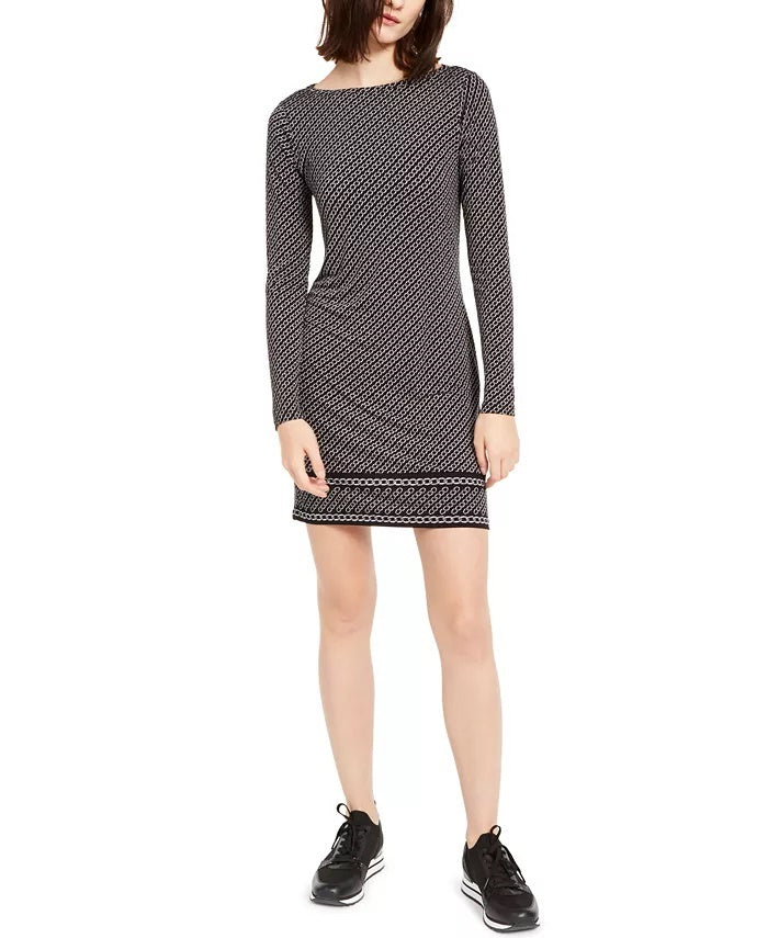 Vestido feminino Michael Kors de manga comprida com estampa de corrente, tamanhos regular e pequeno, cinza, tamanho grande