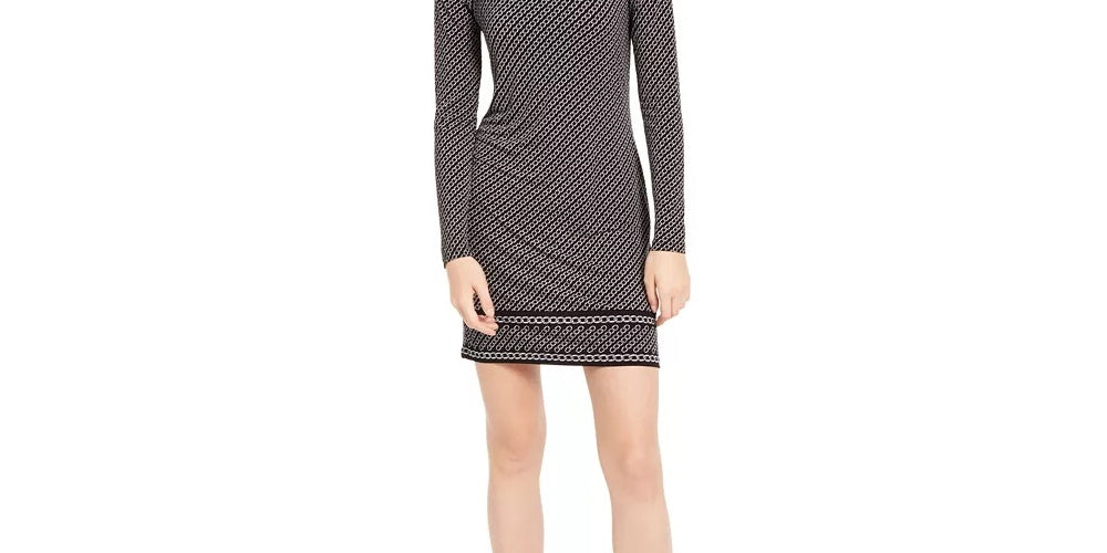 Vestido feminino Michael Kors de manga comprida com estampa de corrente, tamanhos regular e pequeno, cinza, tamanho grande