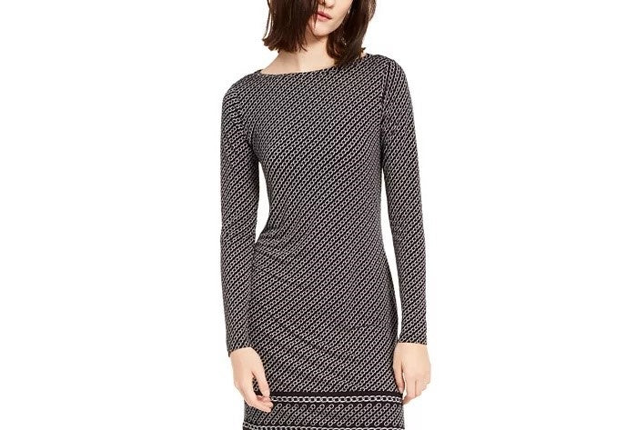 Vestido feminino Michael Kors de manga comprida com estampa de corrente, tamanhos regular e pequeno, cinza, tamanho grande