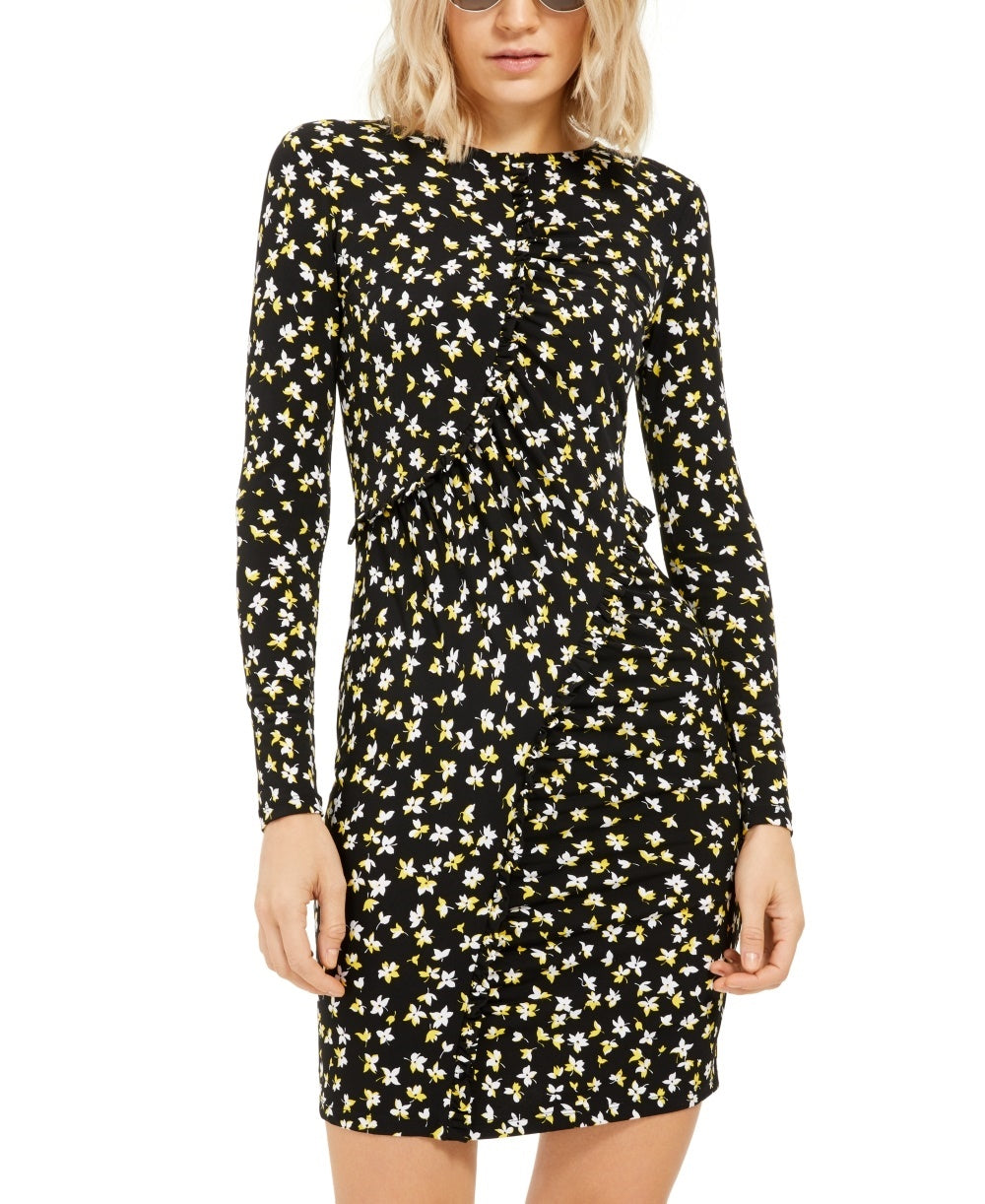 Vestido feminino Michael Kors Tossed Lillies com babados na frente, amarelo, tamanho XX-G