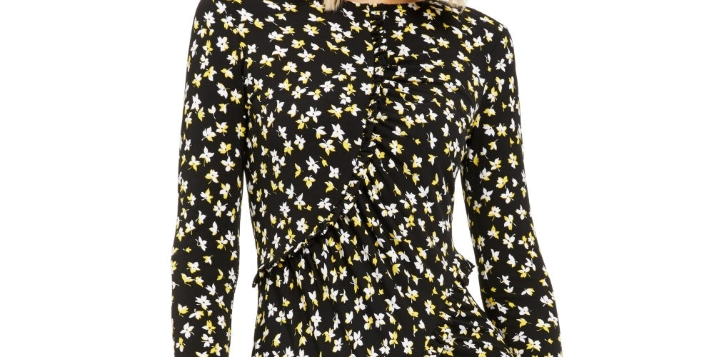 Vestido feminino Michael Kors Tossed Lillies com babados na frente, amarelo, tamanho XX-G