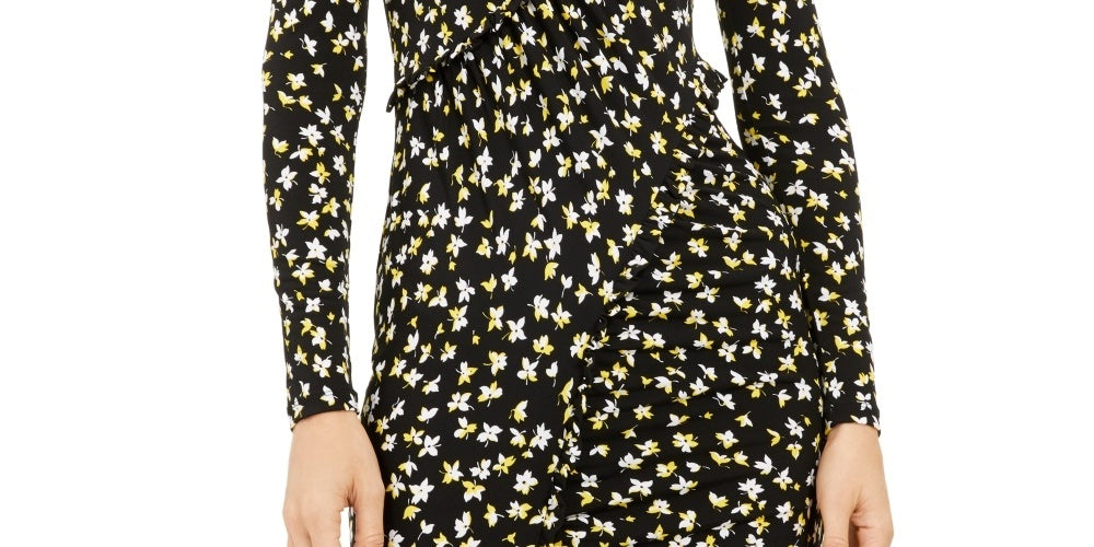Vestido feminino Michael Kors Tossed Lillies com babados na frente, amarelo, tamanho XX-G
