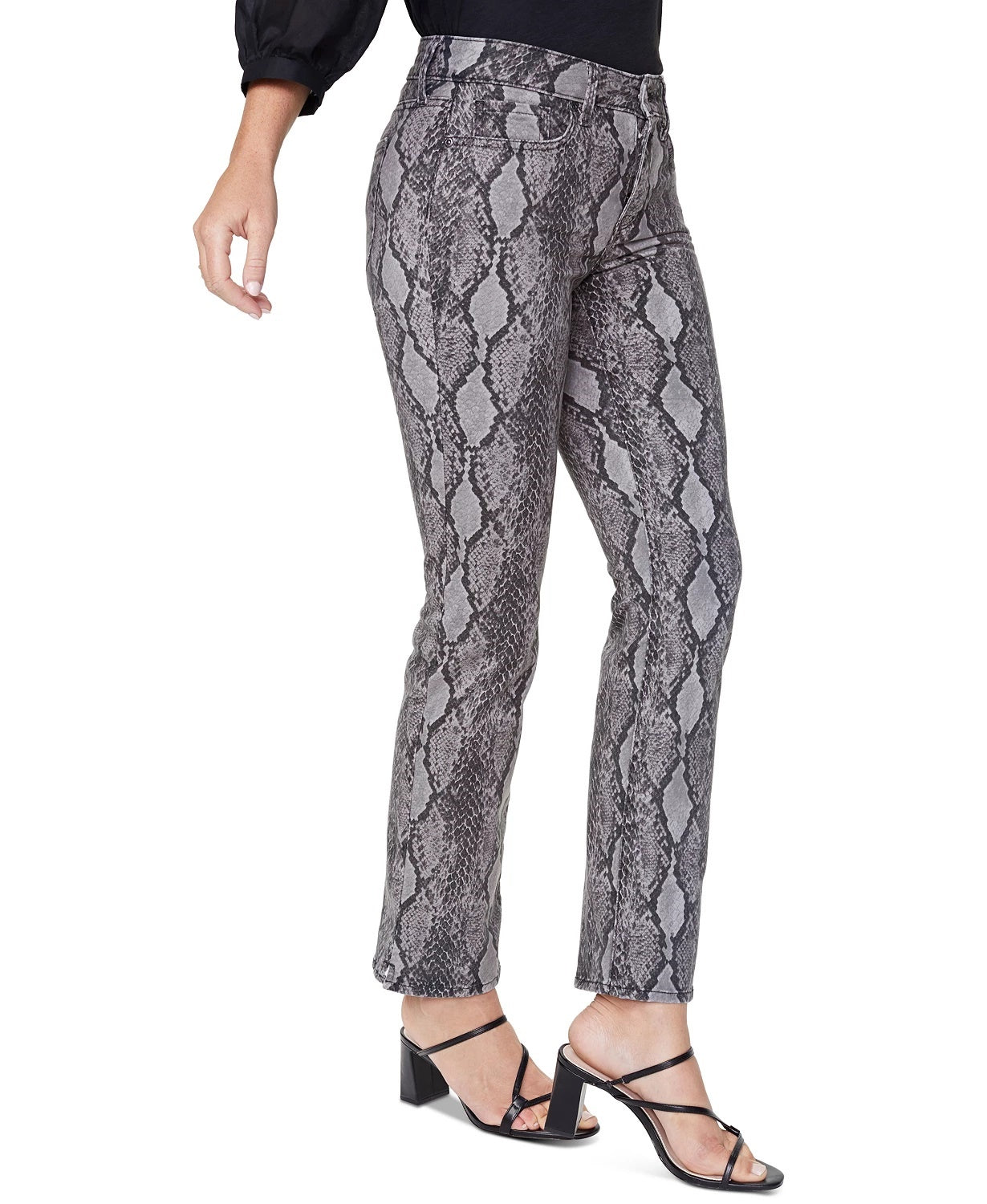 Calça jeans feminina NYDJ com estampa de cobra Marilyn, cintura alta e botões, preta, tamanho 10