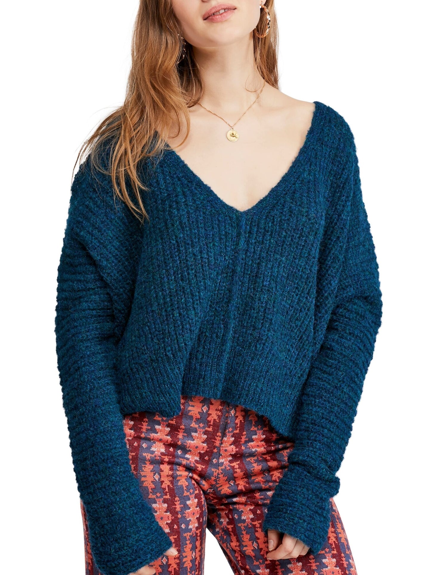 Suéter feminino azul de manga comprida com decote em V, tamanho pequeno, da Free People