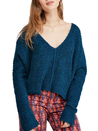 Suéter feminino azul de manga comprida com decote em V, tamanho pequeno, da Free People