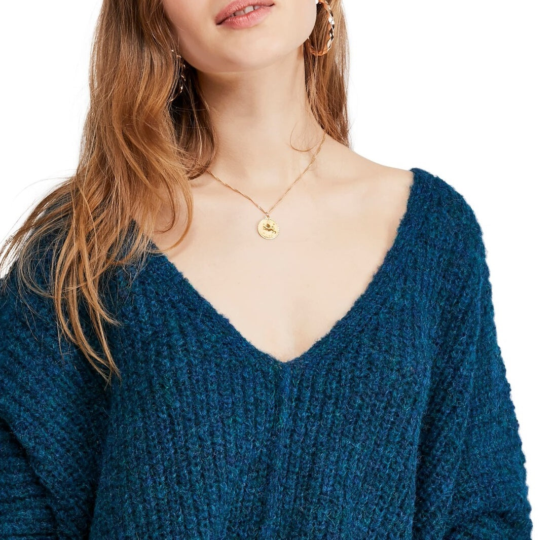 Suéter feminino azul de manga comprida com decote em V, tamanho pequeno, da Free People