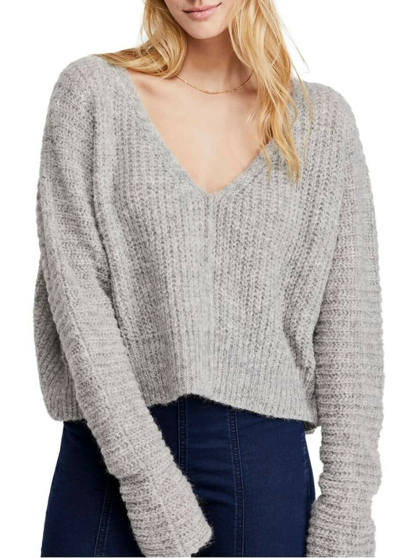 Top curto feminino de manga comprida com decote em V Free People, cinza, tamanho médio