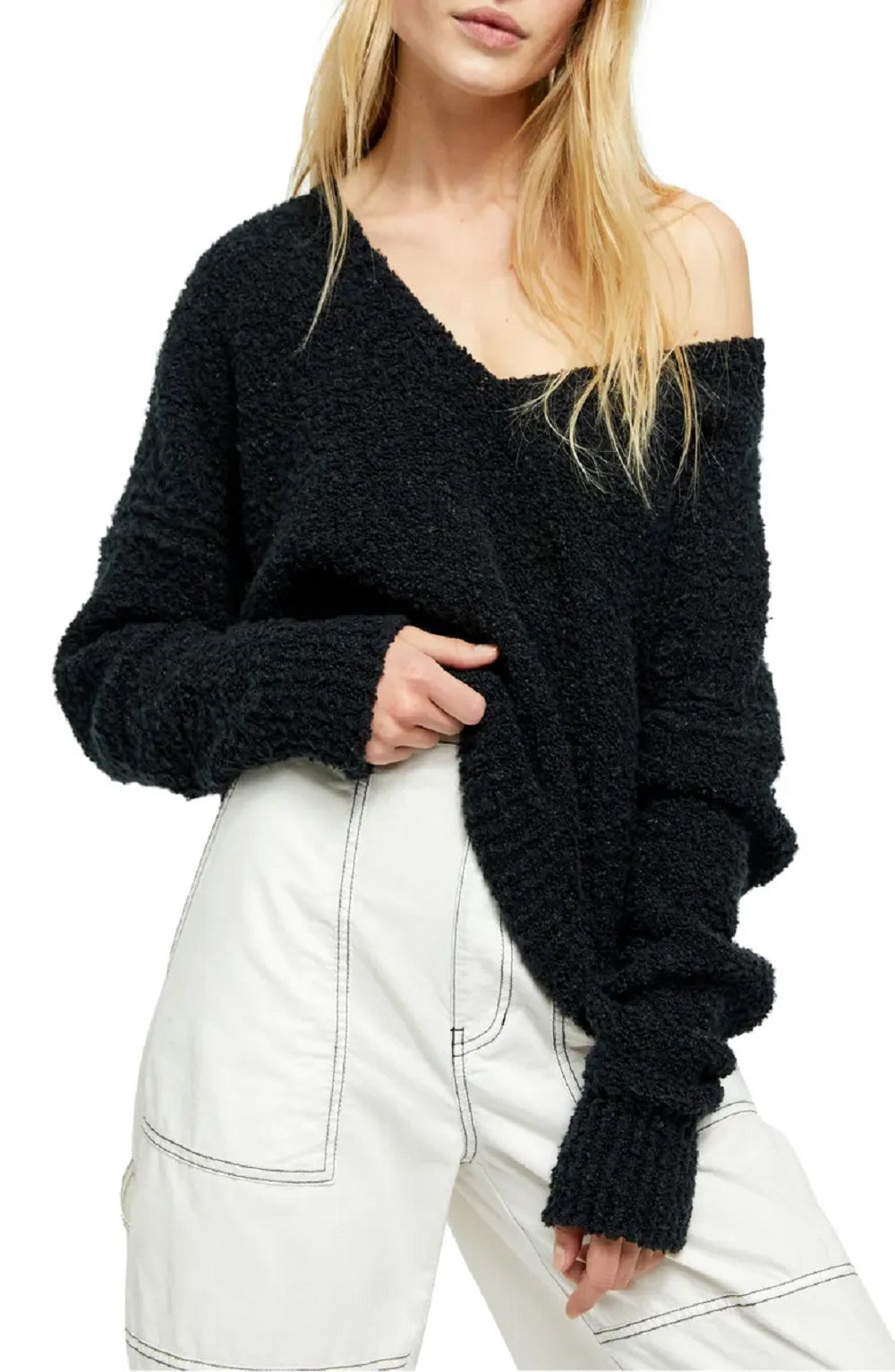 Suéter feminino Free People Finder Keepers com decote em V, preto, tamanho extragrande