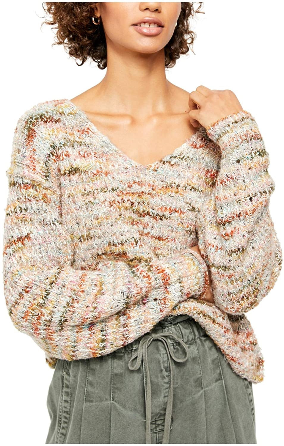 Suéter feminino Highland com decote em V, bege e branco, tamanho grande