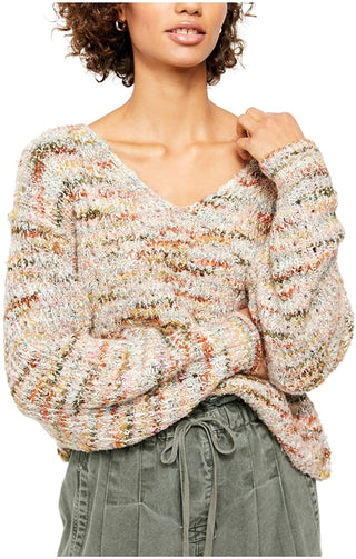 Suéter feminino Highland com decote em V, bege e branco, tamanho grande