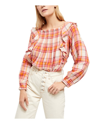 Blusa feminina Free People com babados, recortes franzidos, manga comprida, gola quadrada, rosa, tamanho pequeno