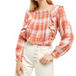 Blusa feminina Free People com babados, recortes franzidos, manga comprida, gola quadrada, rosa, tamanho pequeno