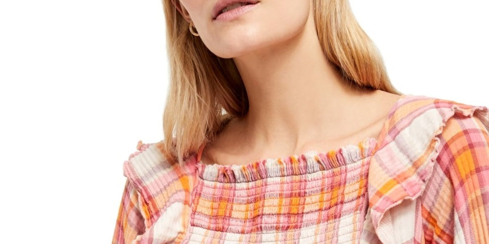 Blusa feminina Free People com babados, recortes franzidos, manga comprida, gola quadrada, rosa, tamanho pequeno