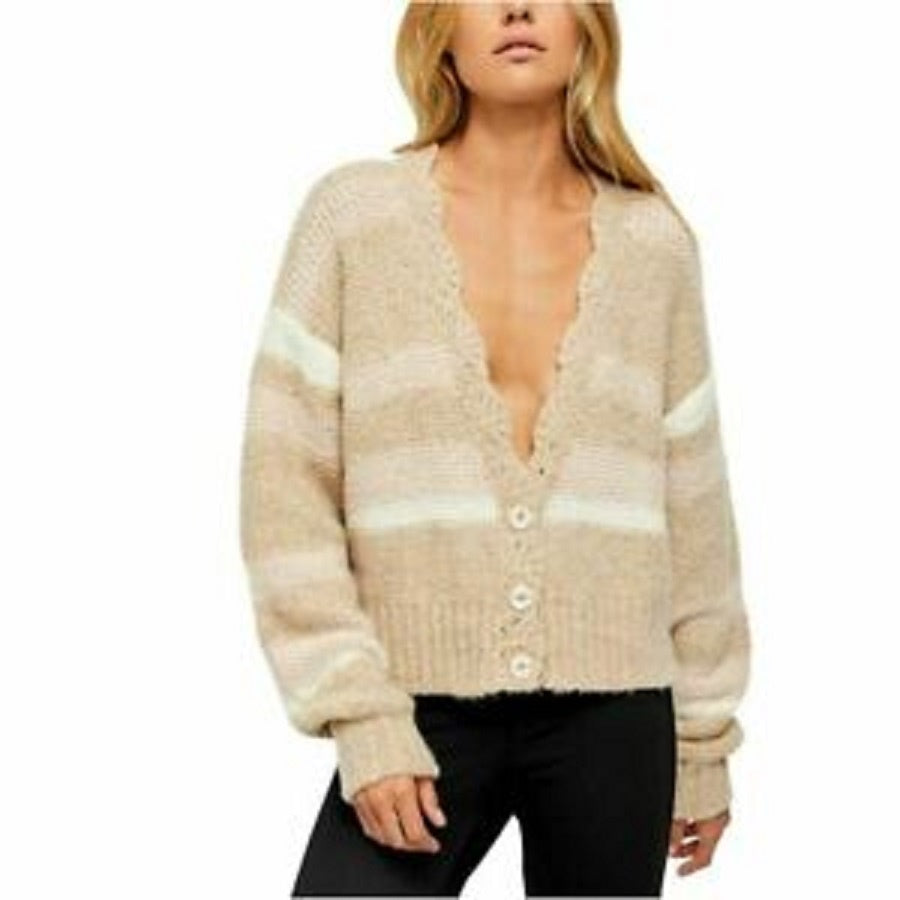 Cardigan feminino listrado de manga comprida aberto, tamanho pequeno, branco, da Free People