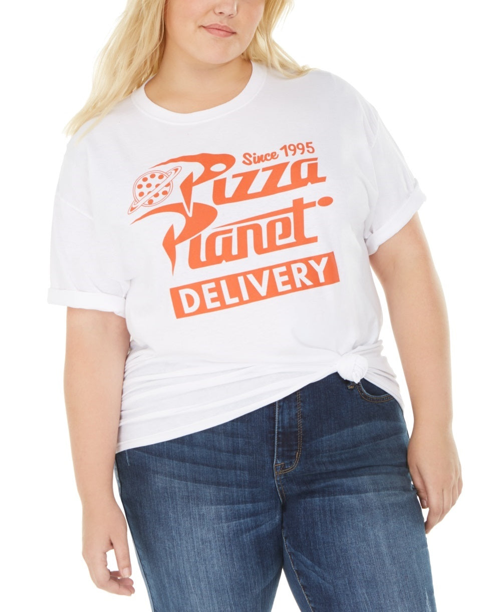 Camiseta feminina Love Tribe, estampada em algodão, Pizza Planet, branca, tamanho 2X
