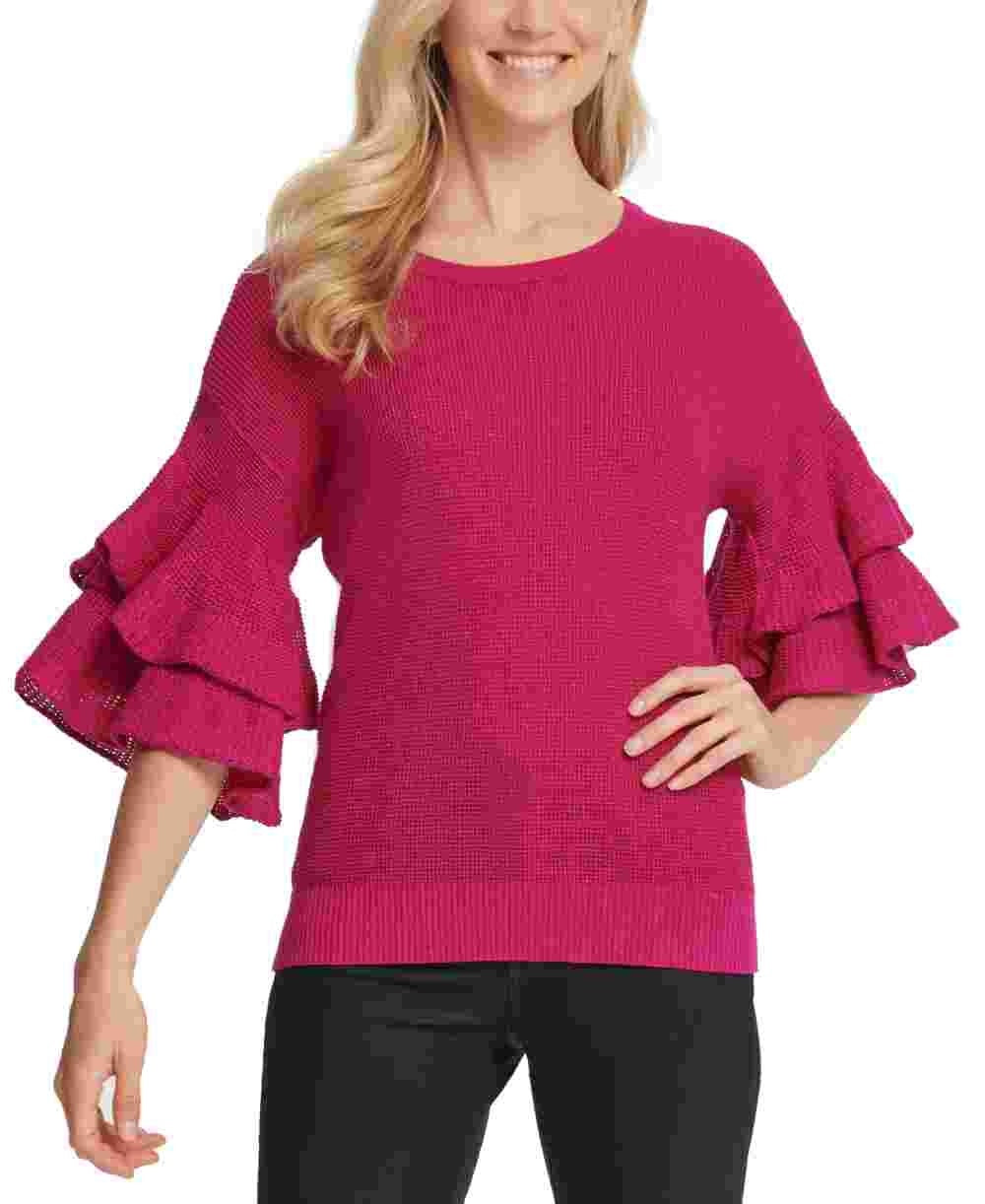 Suéter feminino DKNY com mangas franzidas metálicas, rosa, tamanho extragrande
