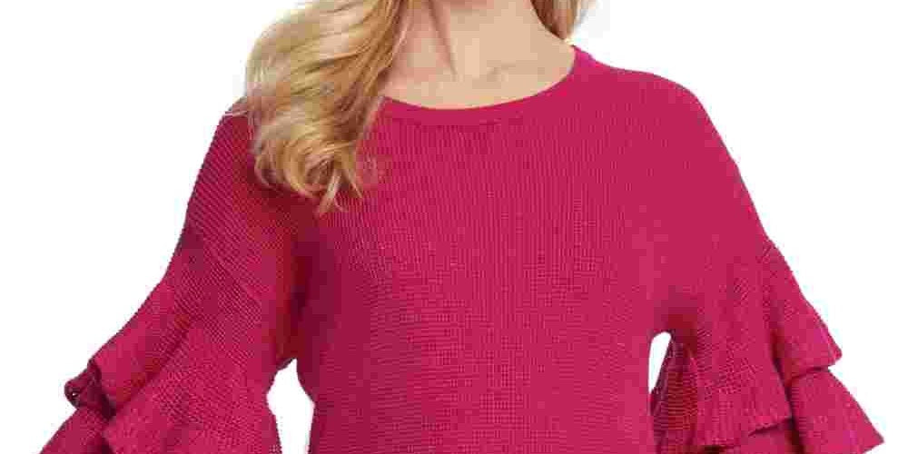 Suéter feminino DKNY com mangas franzidas metálicas, rosa, tamanho extragrande