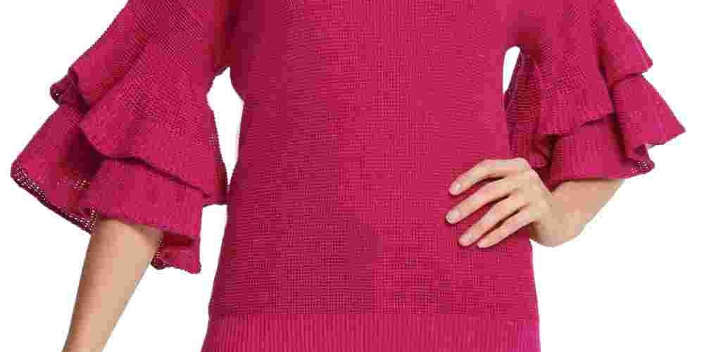 Suéter feminino DKNY com mangas franzidas metálicas, rosa, tamanho extragrande